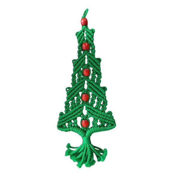 Vintage Green & Red Macrame Christmas Tree Red Beads Wall Hanging 14 Inch Mcm - Picture 4 of 4
